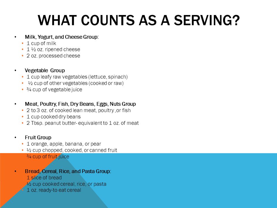 WHAT COUNTS AS A SERVING. Milk, Yogurt, and Cheese Group: 1 cup of milk 1 ½ oz.