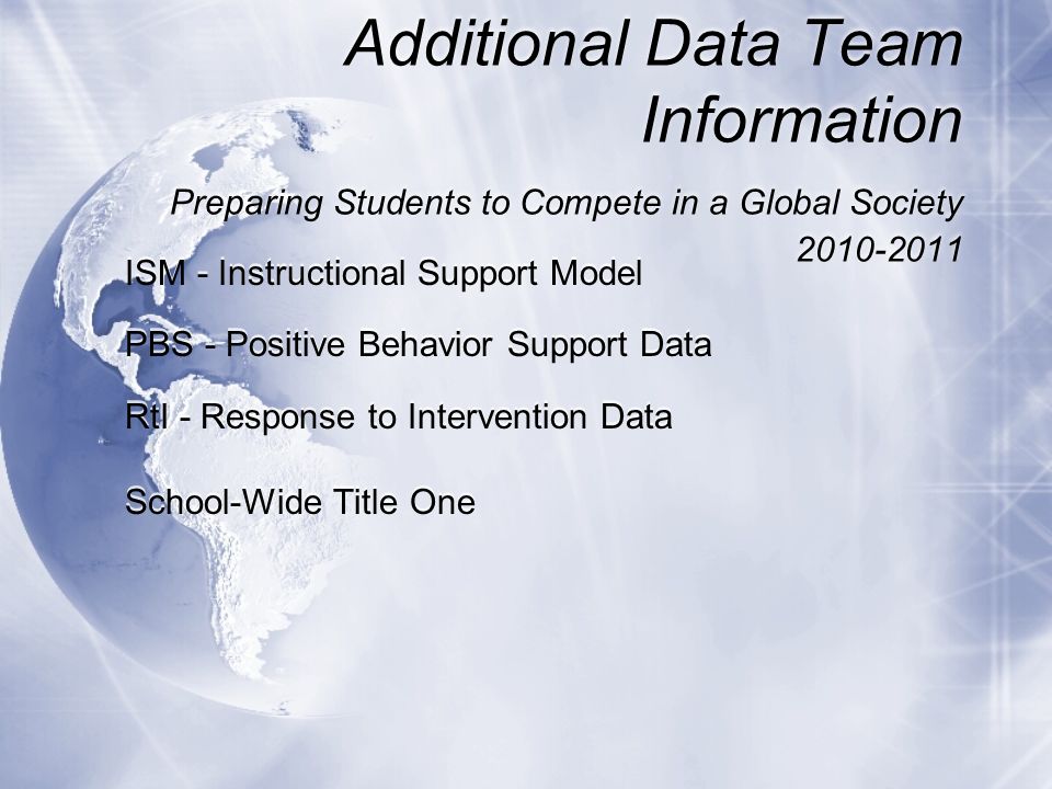 Additional Data Team Information Preparing Students to Compete in a Global Society ISM - Instructional Support Model PBS - Positive Behavior Support Data RtI - Response to Intervention Data School-Wide Title One ISM - Instructional Support Model PBS - Positive Behavior Support Data RtI - Response to Intervention Data School-Wide Title One