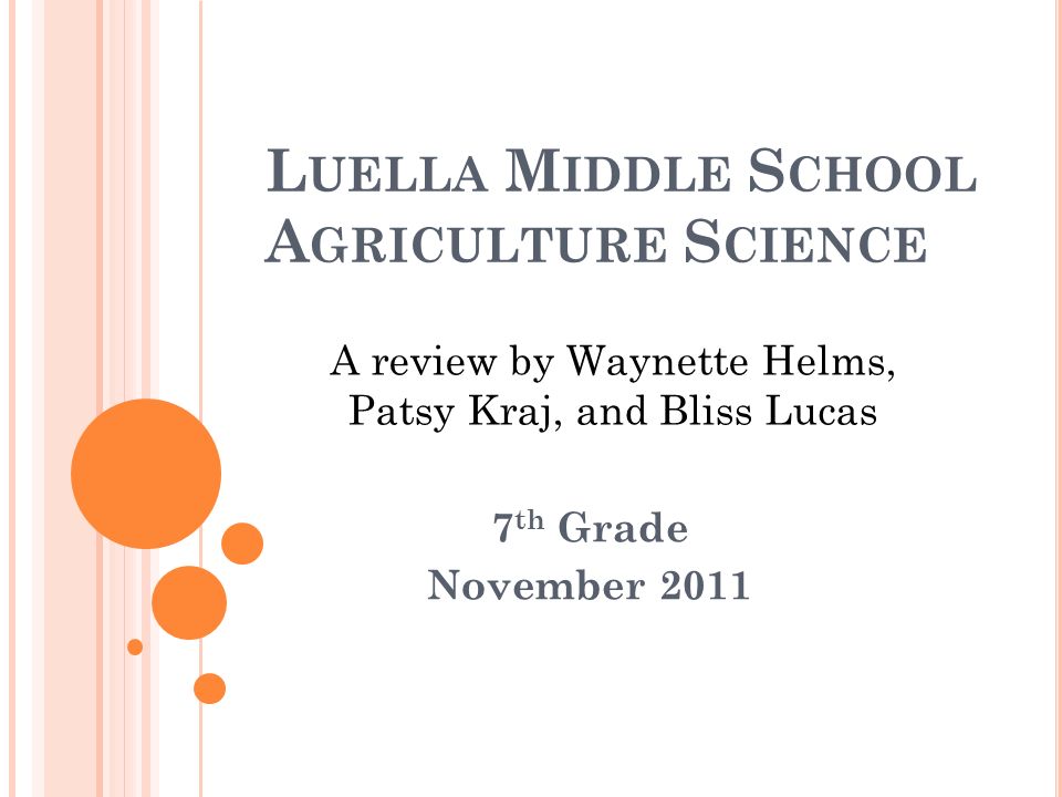 L UELLA M IDDLE S CHOOL A GRICULTURE S CIENCE 7 th Grade November 2011 A review by Waynette Helms, Patsy Kraj, and Bliss Lucas