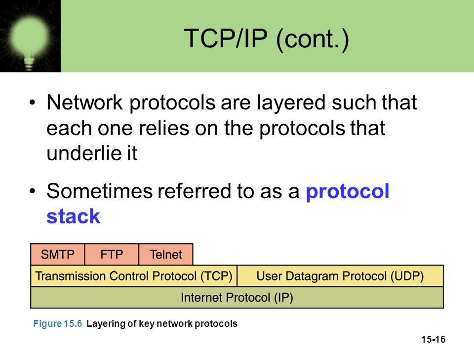 15-16 TCP/IP (cont.) Network protocols are layered such that each one relies on the protocols that underlie it Sometimes referred to as a protocol stack Figure 15.6 Layering of key network protocols