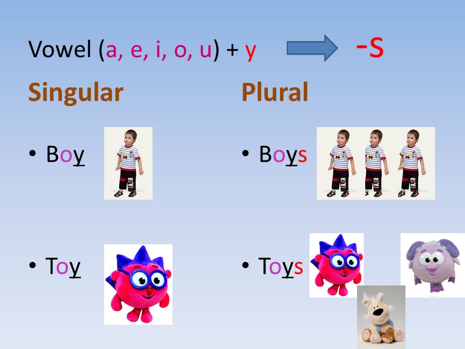 Vowel (a, e, i, o, u) + y -s Singular Boy Toy Plural Boys Toys