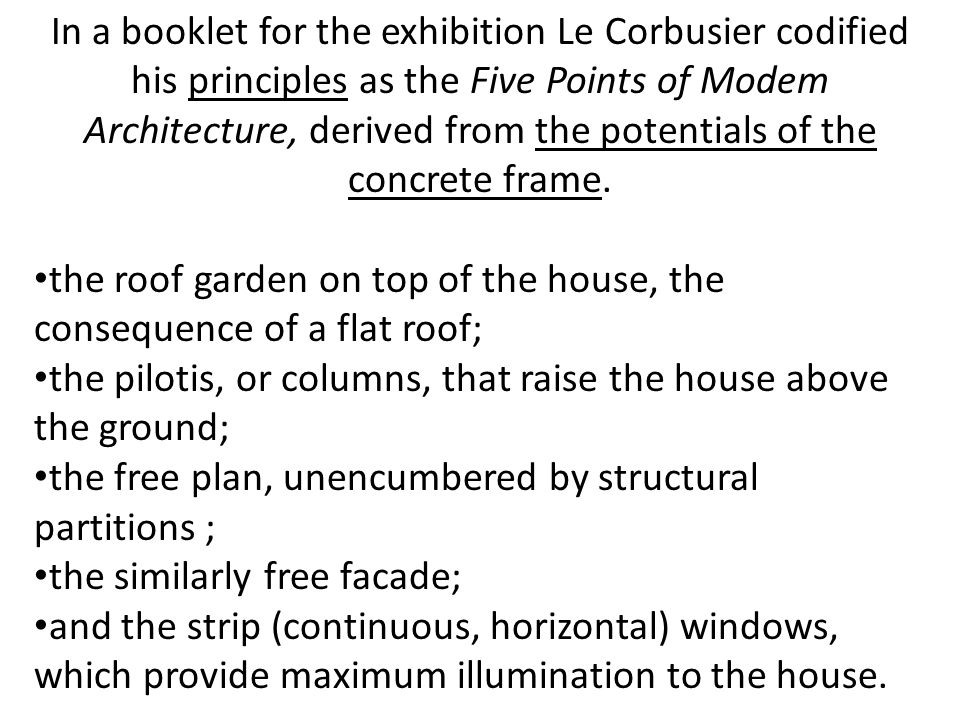 In a booklet for the exhibition Le Corbusier codified his principles as the Five Points of Modem Architecture, derived from the potentials of the concrete frame.
