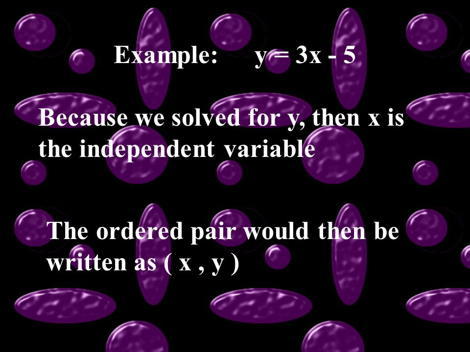 Example:y = 3x - 5 Because we solved for y, then x is the independent variable The ordered pair would then be written as ( x, y )