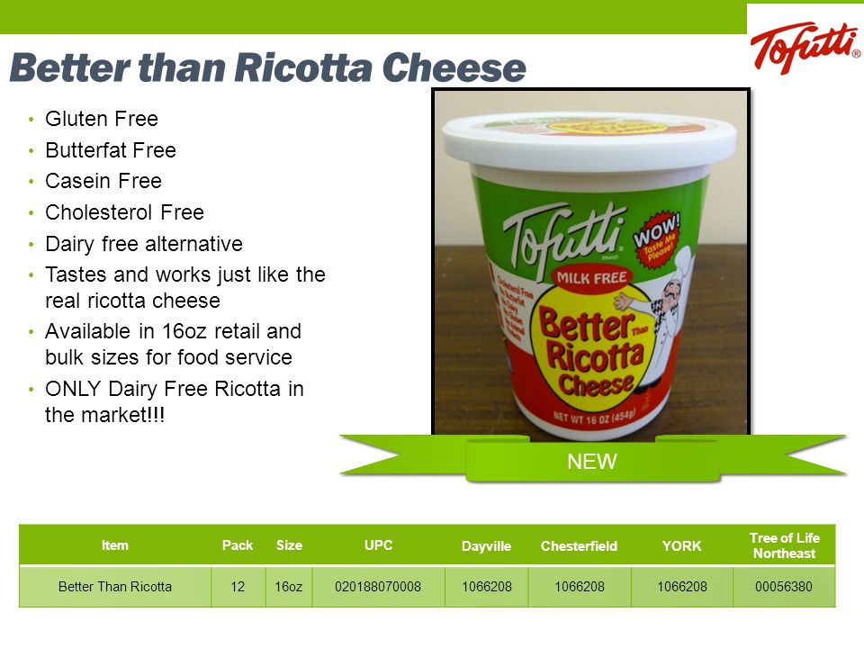 Better than Ricotta Cheese Gluten Free Butterfat Free Casein Free Cholesterol Free Dairy free alternative Tastes and works just like the real ricotta cheese Available in 16oz retail and bulk sizes for food service ONLY Dairy Free Ricotta in the market!!.