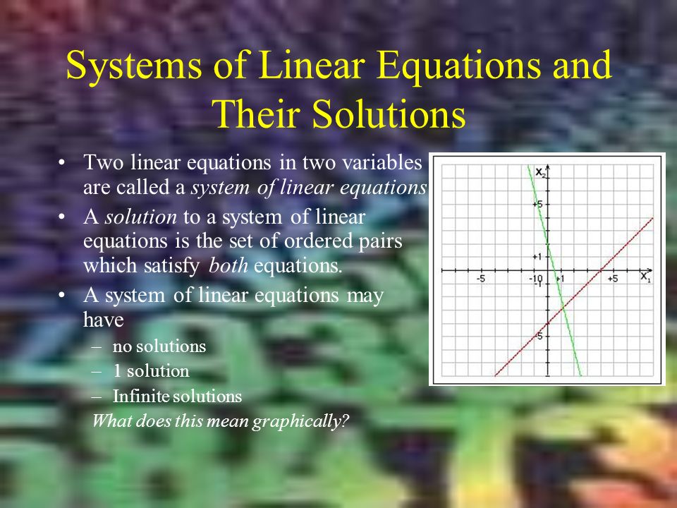Systems of Linear Equations and Their Solutions Two linear equations in two variables are called a system of linear equations.