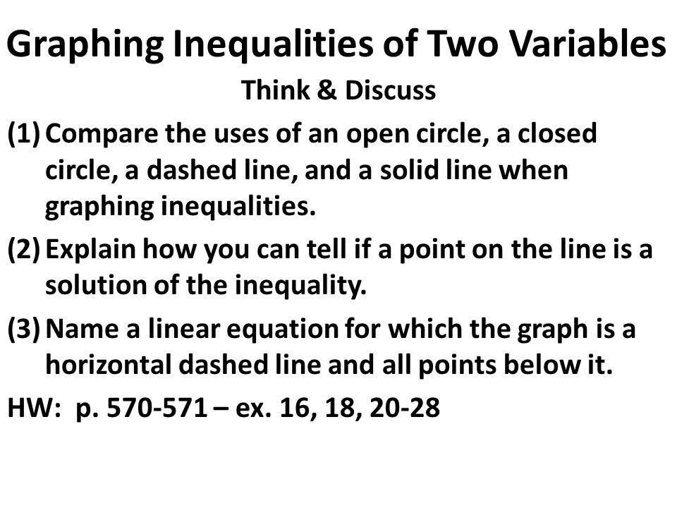 Graphing Inequalities of Two Variables Think & Discuss (1)Compare the uses of an open circle, a closed circle, a dashed line, and a solid line when graphing inequalities.