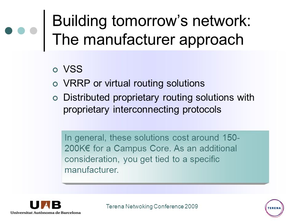 Terena Netwoking Conference 2009 Building tomorrow’s network: The manufacturer approach VSS VRRP or virtual routing solutions Distributed proprietary routing solutions with proprietary interconnecting protocols In general, these solutions cost around K€ for a Campus Core.