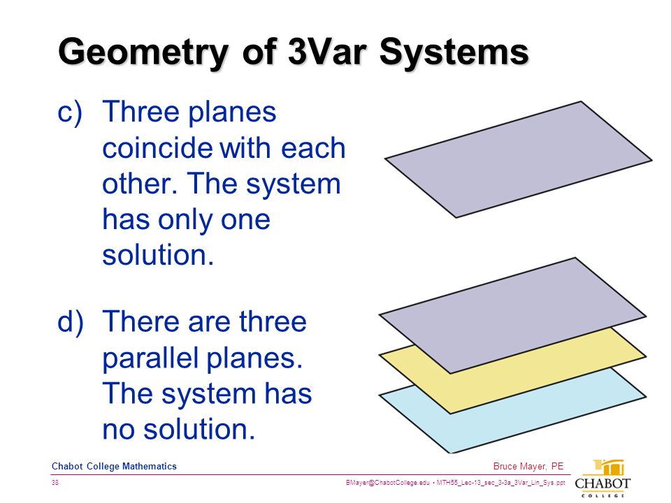 MTH55_Lec-13_sec_3-3a_3Var_Lin_Sys.ppt 38 Bruce Mayer, PE Chabot College Mathematics Geometry of 3Var Systems c)Three planes coincide with each other.