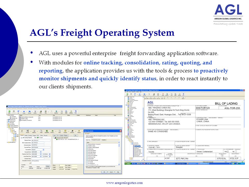AGL’s Freight Operating System AGL uses a powerful enterprise freight forwarding application software.