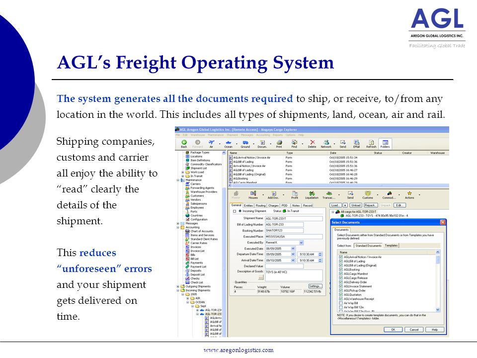 AGL’s Freight Operating System The system generates all the documents required to ship, or receive, to/from any location in the world.