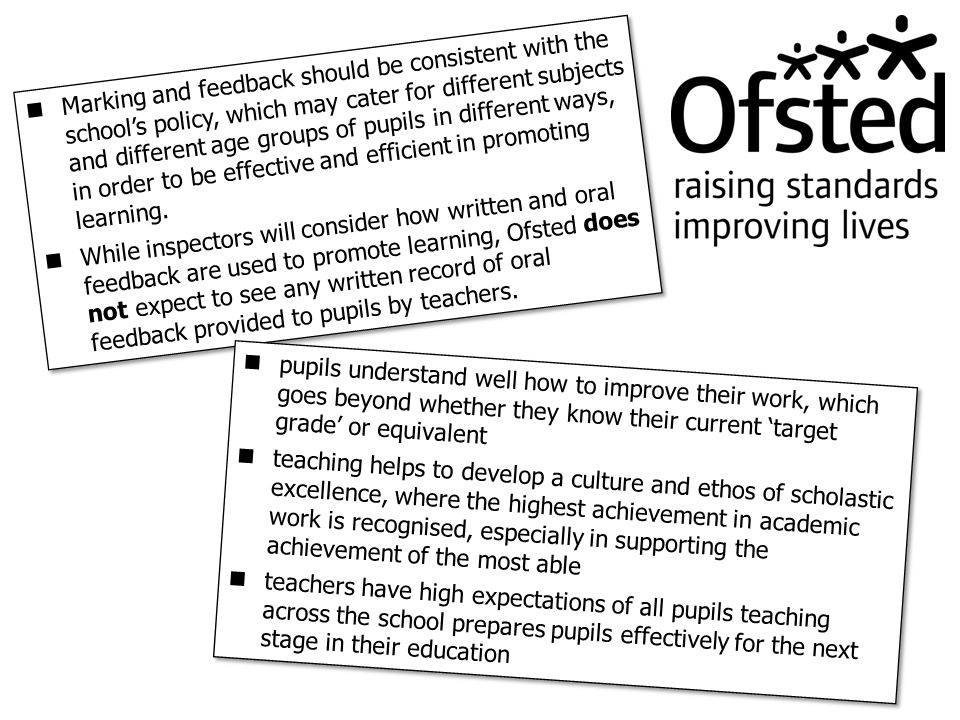 Marking and feedback should be consistent with the school’s policy, which may cater for different subjects and different age groups of pupils in different ways, in order to be effective and efficient in promoting learning.