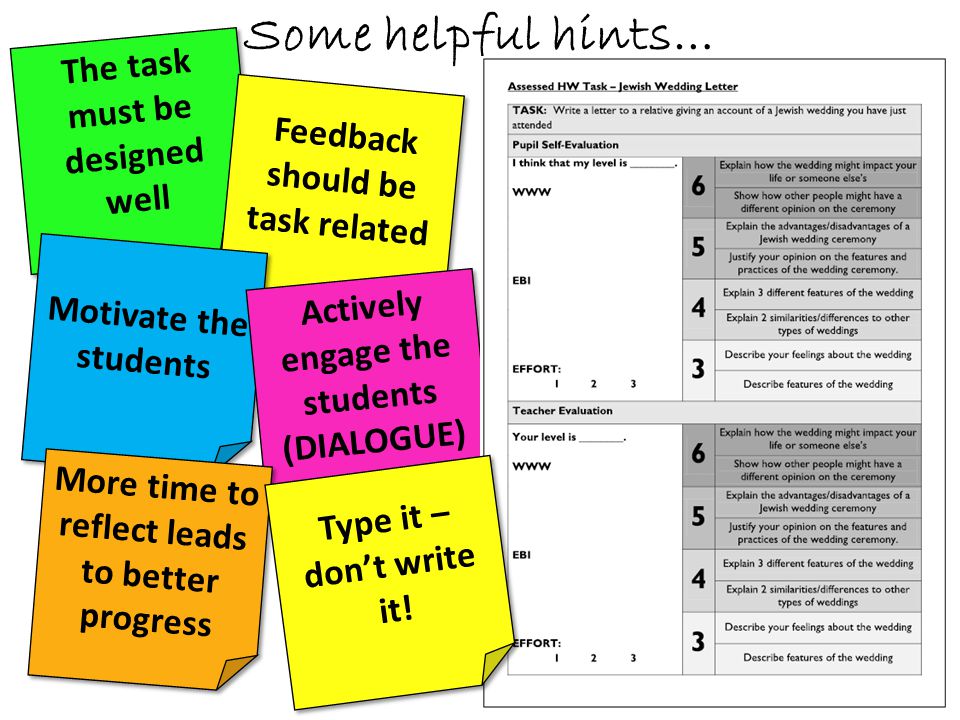 Some helpful hints… The task must be designed well Feedback should be task related Motivate the students Actively engage the students (DIALOGUE) Actively engage the students (DIALOGUE) More time to reflect leads to better progress Type it – don’t write it!