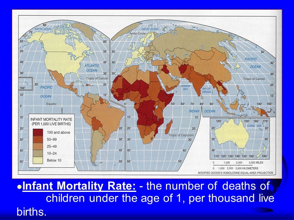 ● Infant Mortality Rate: - the number of deaths of children under the age of 1, per thousand live births.