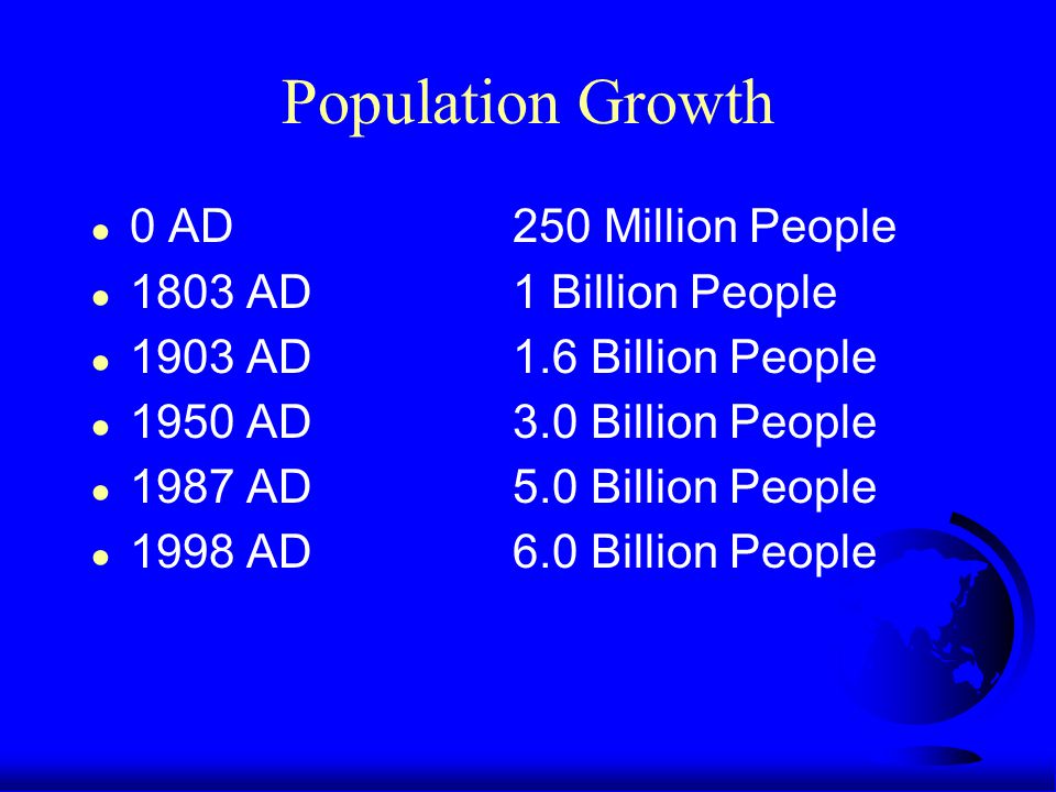 Population Growth ● 0 AD 250 Million People ● 1803 AD 1 Billion People ● 1903 AD 1.6 Billion People ● 1950 AD 3.0 Billion People ● 1987 AD 5.0 Billion People ● 1998 AD 6.0 Billion People