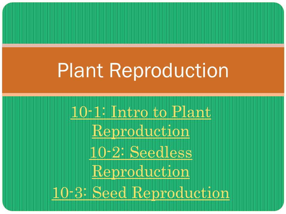 10-1: Intro to Plant Reproduction 10-2: Seedless Reproduction 10-3: Seed Reproduction Plant Reproduction