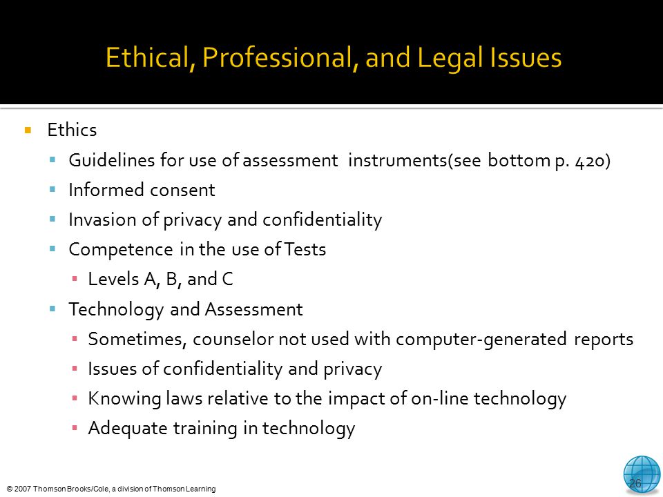 © 2007 Thomson Brooks/Cole, a division of Thomson Learning  Ethics  Guidelines for use of assessment instruments(see bottom p.