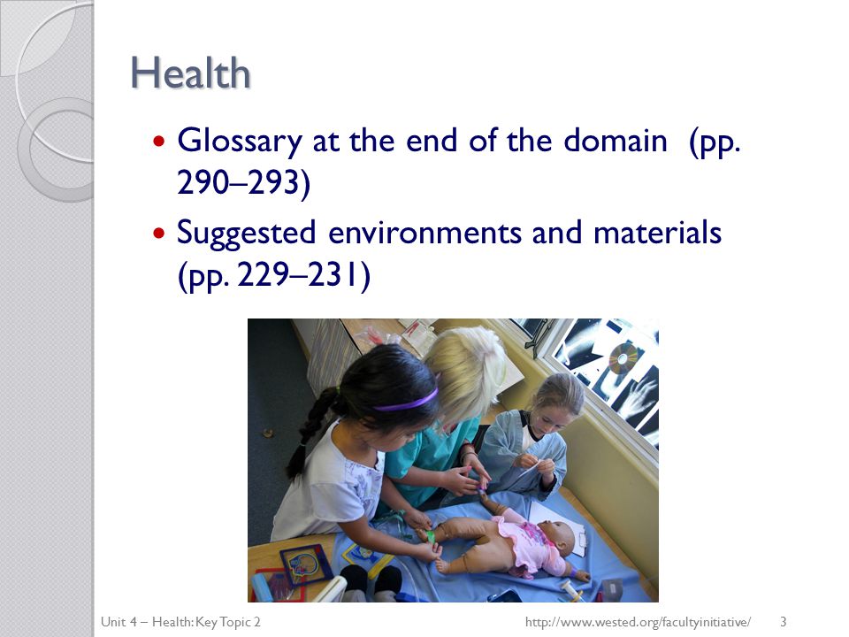 Health Glossary at the end of the domain (pp. 290–293) Suggested environments and materials (pp.