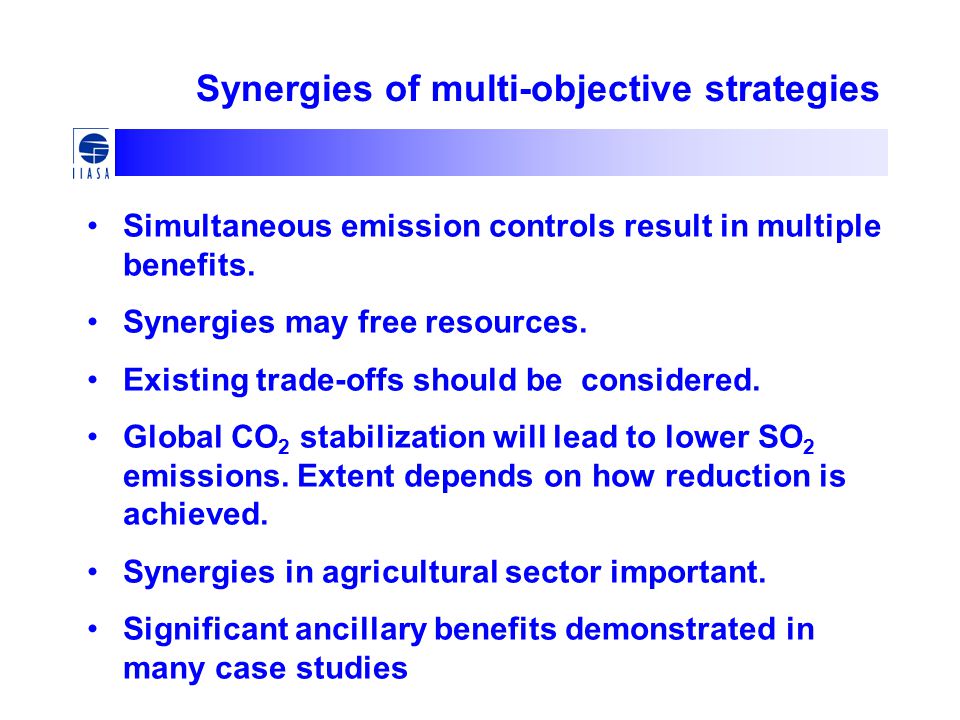 Synergies of multi-objective strategies Simultaneous emission controls result in multiple benefits.