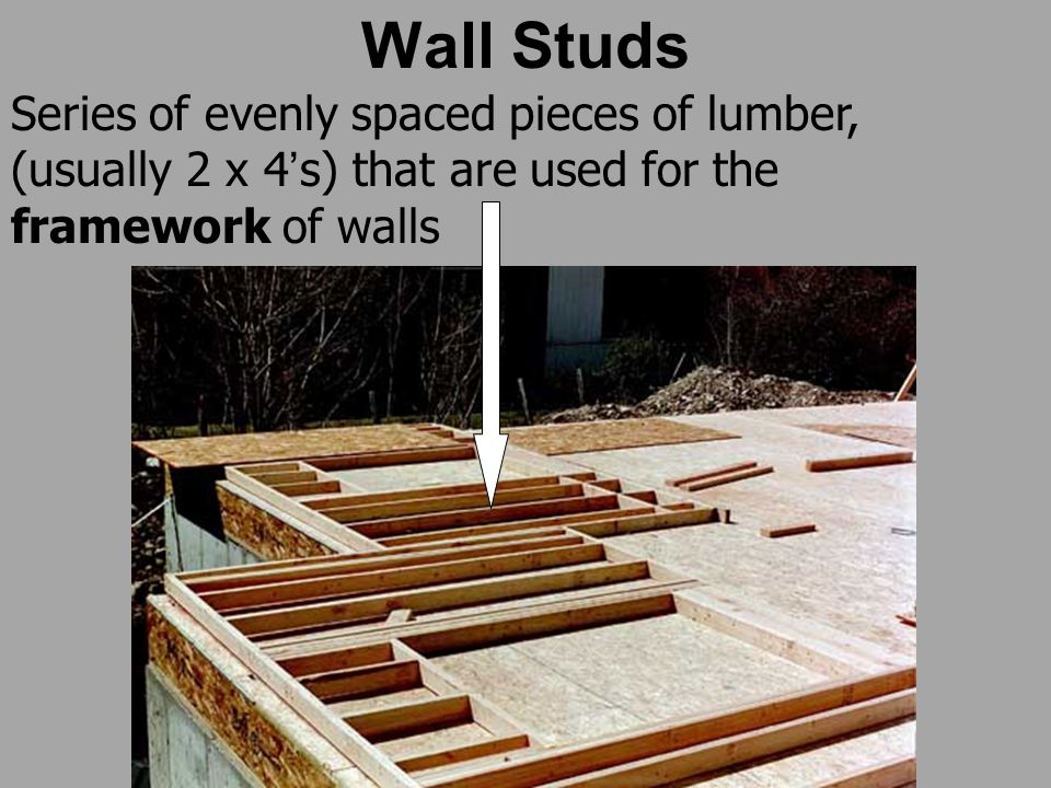 Wall Studs Series of evenly spaced pieces of lumber, (usually 2 x 4’s) that are used for the framework of walls