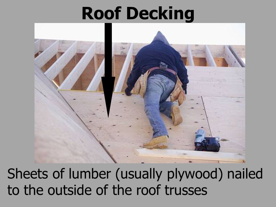Roof Decking Sheets of lumber (usually plywood) nailed to the outside of the roof trusses
