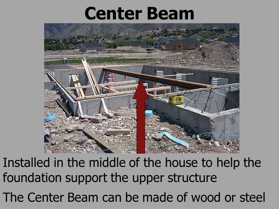 Center Beam Installed in the middle of the house to help the foundation support the upper structure The Center Beam can be made of wood or steel
