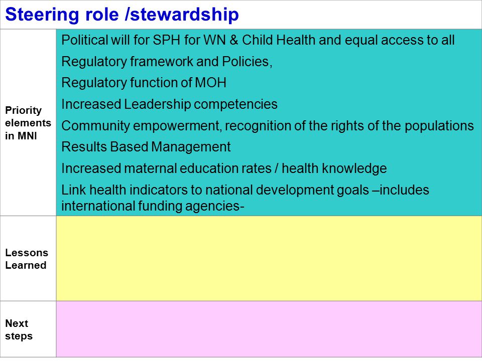 Steering role /stewardship Priority elements in MNI Political will for SPH for WN & Child Health and equal access to all Regulatory framework and Policies, Regulatory function of MOH Increased Leadership competencies Community empowerment, recognition of the rights of the populations Results Based Management Increased maternal education rates / health knowledge Link health indicators to national development goals –includes international funding agencies- Lessons Learned Next steps