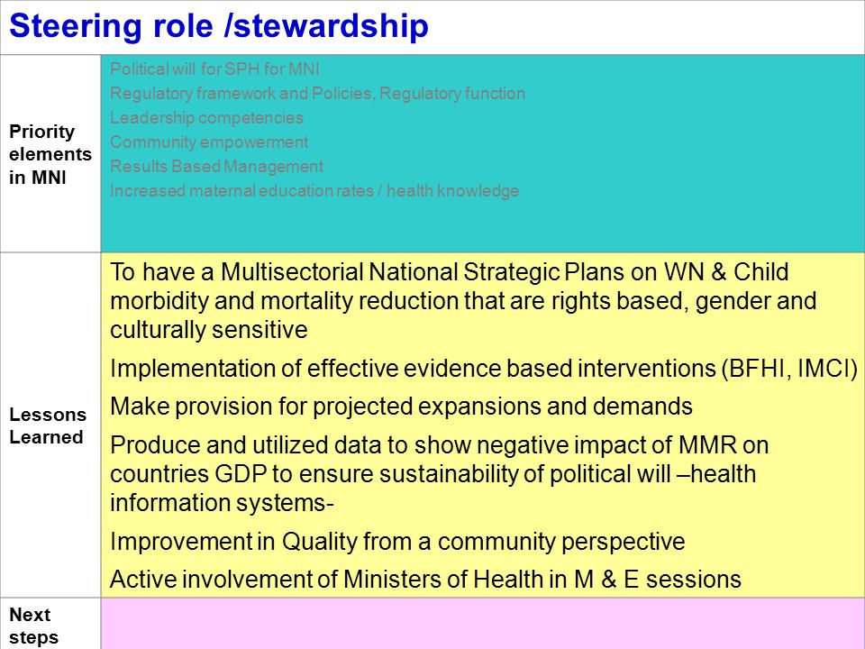 Steering role /stewardship Priority elements in MNI Political will for SPH for MNI Regulatory framework and Policies, Regulatory function Leadership competencies Community empowerment Results Based Management Increased maternal education rates / health knowledge Lessons Learned To have a Multisectorial National Strategic Plans on WN & Child morbidity and mortality reduction that are rights based, gender and culturally sensitive Implementation of effective evidence based interventions (BFHI, IMCI) Make provision for projected expansions and demands Produce and utilized data to show negative impact of MMR on countries GDP to ensure sustainability of political will –health information systems- Improvement in Quality from a community perspective Active involvement of Ministers of Health in M & E sessions Next steps