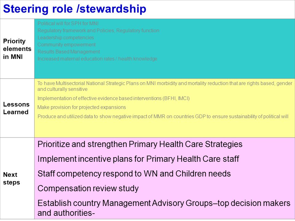 Steering role /stewardship Priority elements in MNI Political will for SPH for MNI Regulatory framework and Policies, Regulatory function Leadership competencies Community empowerment Results Based Management Increased maternal education rates / health knowledge Lessons Learned To have Multisectorial National Strategic Plans on MNI morbidity and mortality reduction that are rights based, gender and culturally sensitive Implementation of effective evidence based interventions (BFHI, IMCI) Make provision for projected expansions Produce and utilized data to show negative impact of MMR on countries GDP to ensure sustainability of political will Next steps Prioritize and strengthen Primary Health Care Strategies Implement incentive plans for Primary Health Care staff Staff competency respond to WN and Children needs Compensation review study Establish country Management Advisory Groups–top decision makers and authorities-