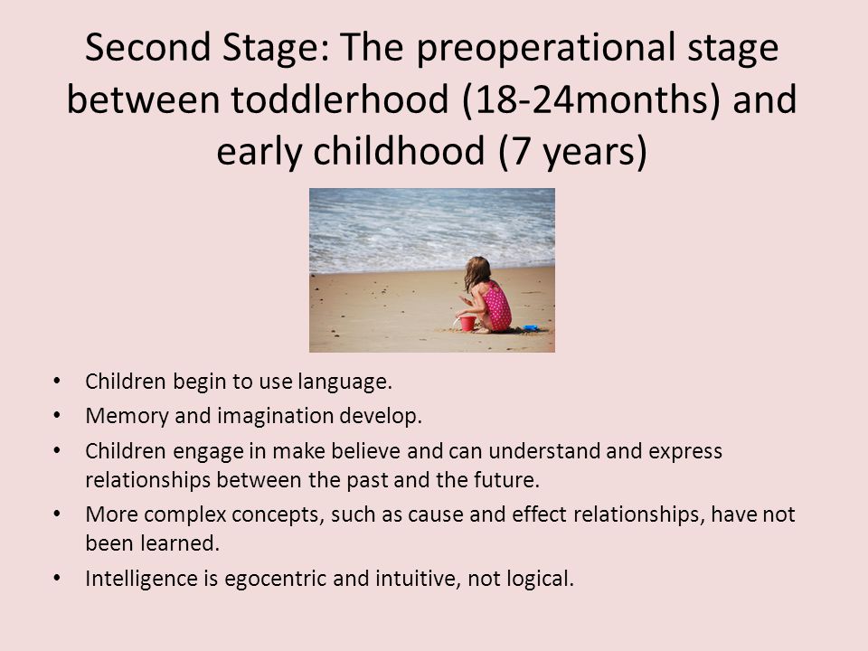 Second Stage: The preoperational stage between toddlerhood (18-24months) and early childhood (7 years) Children begin to use language.