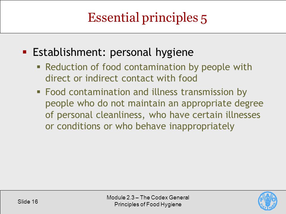 Slide 16 Module 2.3 – The Codex General Principles of Food Hygiene Essential principles 5  Establishment: personal hygiene  Reduction of food contamination by people with direct or indirect contact with food  Food contamination and illness transmission by people who do not maintain an appropriate degree of personal cleanliness, who have certain illnesses or conditions or who behave inappropriately