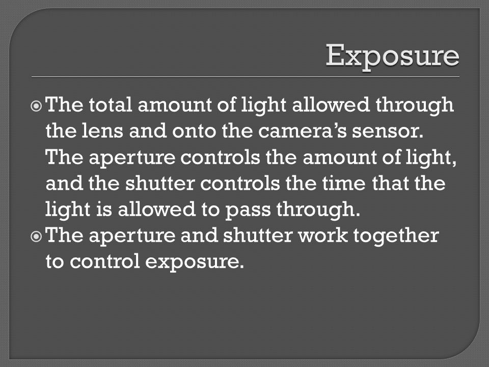  The total amount of light allowed through the lens and onto the camera’s sensor.