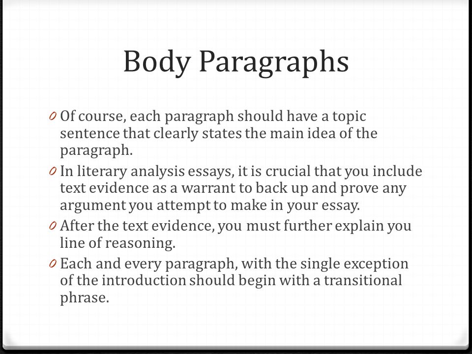 Body Paragraphs 0 Of course, each paragraph should have a topic sentence that clearly states the main idea of the paragraph.