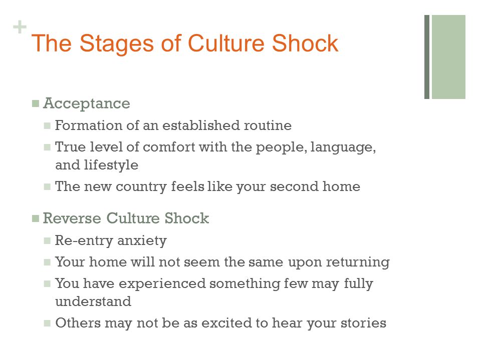 + The Stages of Culture Shock Acceptance Formation of an established routine True level of comfort with the people, language, and lifestyle The new country feels like your second home Reverse Culture Shock Re-entry anxiety Your home will not seem the same upon returning You have experienced something few may fully understand Others may not be as excited to hear your stories
