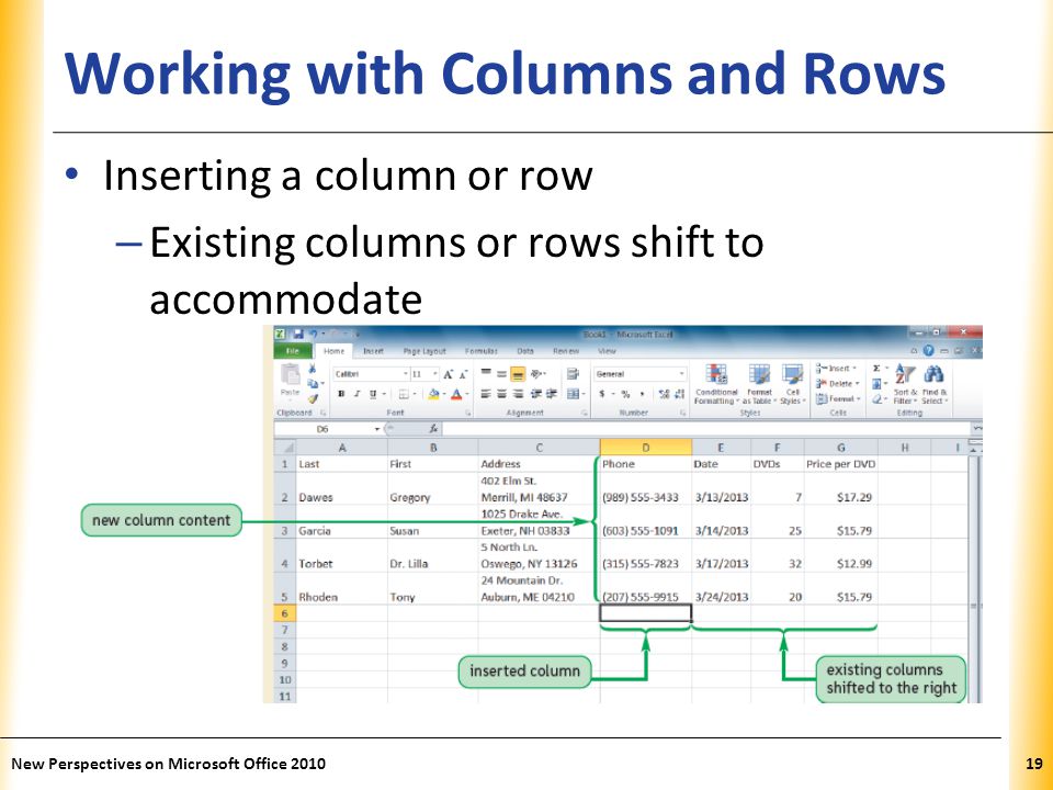 XP Working with Columns and Rows Inserting a column or row – Existing columns or rows shift to accommodate New Perspectives on Microsoft Office
