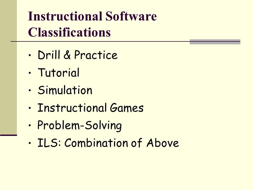 Drill & Practice Tutorial Simulation Instructional Games Problem-Solving ILS: Combination of Above Instructional Software Classifications