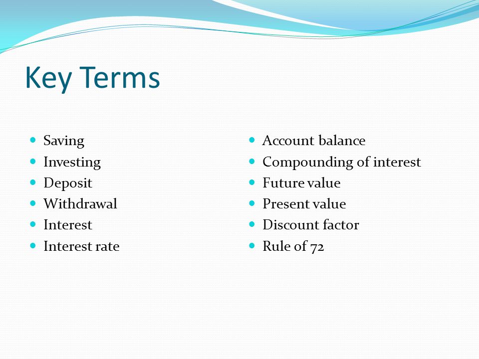 Key Terms Saving Investing Deposit Withdrawal Interest Interest rate Account balance Compounding of interest Future value Present value Discount factor Rule of 72