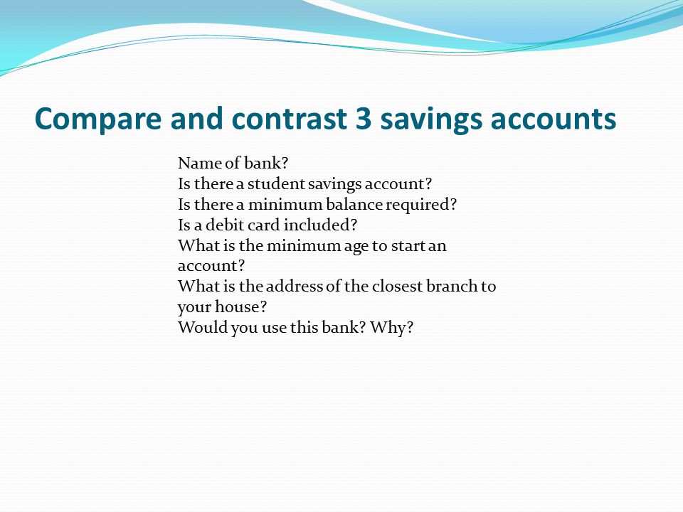Compare and contrast 3 savings accounts Name of bank.