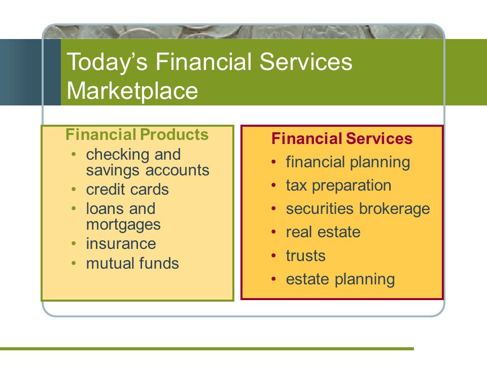 Today’s Financial Services Marketplace Financial Products checking and savings accounts credit cards loans and mortgages insurance mutual funds Financial Services financial planning tax preparation securities brokerage real estate trusts estate planning