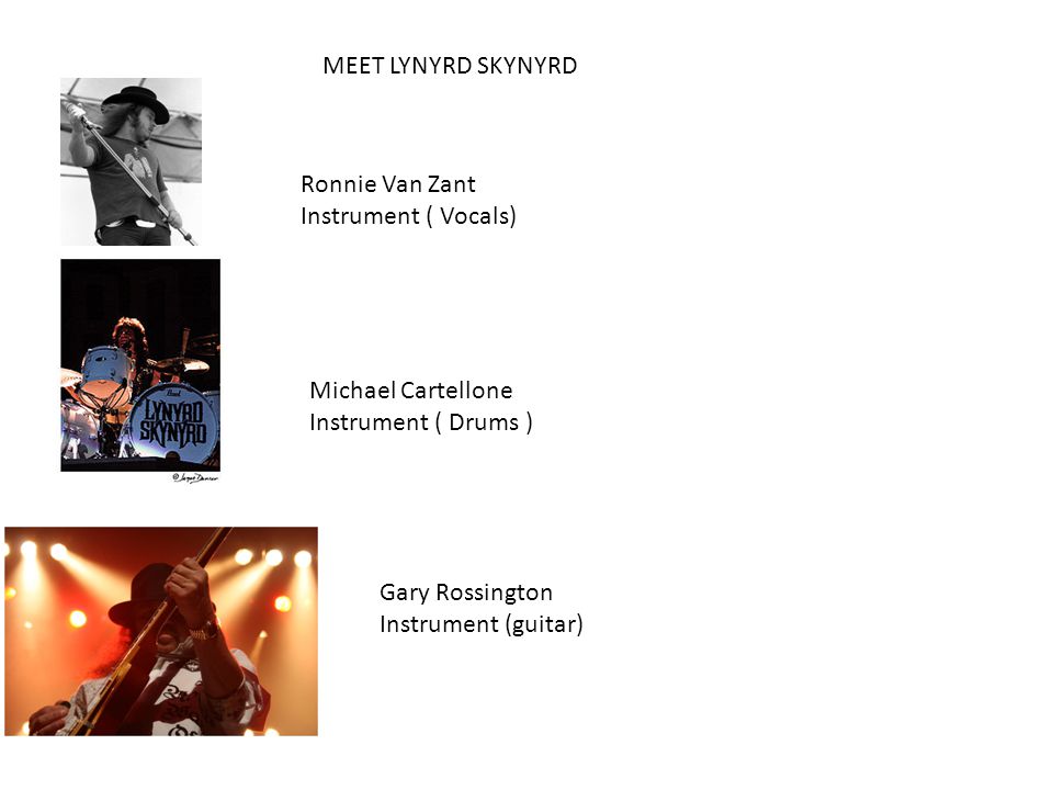 MEET LYNYRD SKYNYRD Ronnie Van Zant Instrument ( Vocals) Michael Cartellone Instrument ( Drums ) Gary Rossington Instrument (guitar)