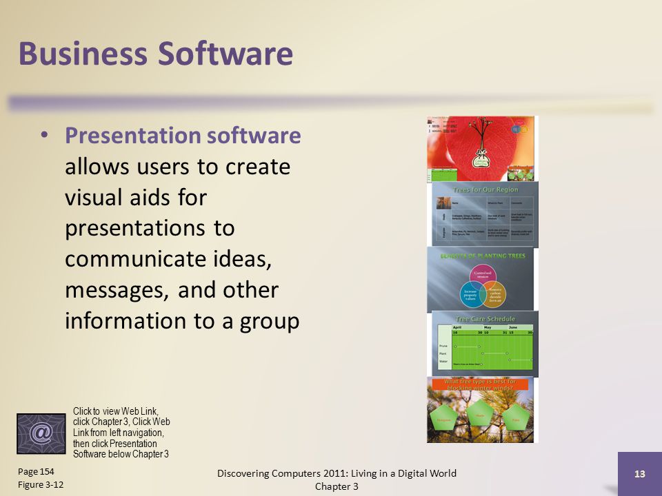 Business Software Presentation software allows users to create visual aids for presentations to communicate ideas, messages, and other information to a group Discovering Computers 2011: Living in a Digital World Chapter 3 13 Page 154 Figure 3-12 Click to view Web Link, click Chapter 3, Click Web Link from left navigation, then click Presentation Software below Chapter 3