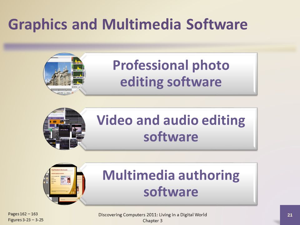 Graphics and Multimedia Software Discovering Computers 2011: Living in a Digital World Chapter 3 21 Pages 162 – 163 Figures 3-23 – 3-25 Professional photo editing software Video and audio editing software Multimedia authoring software