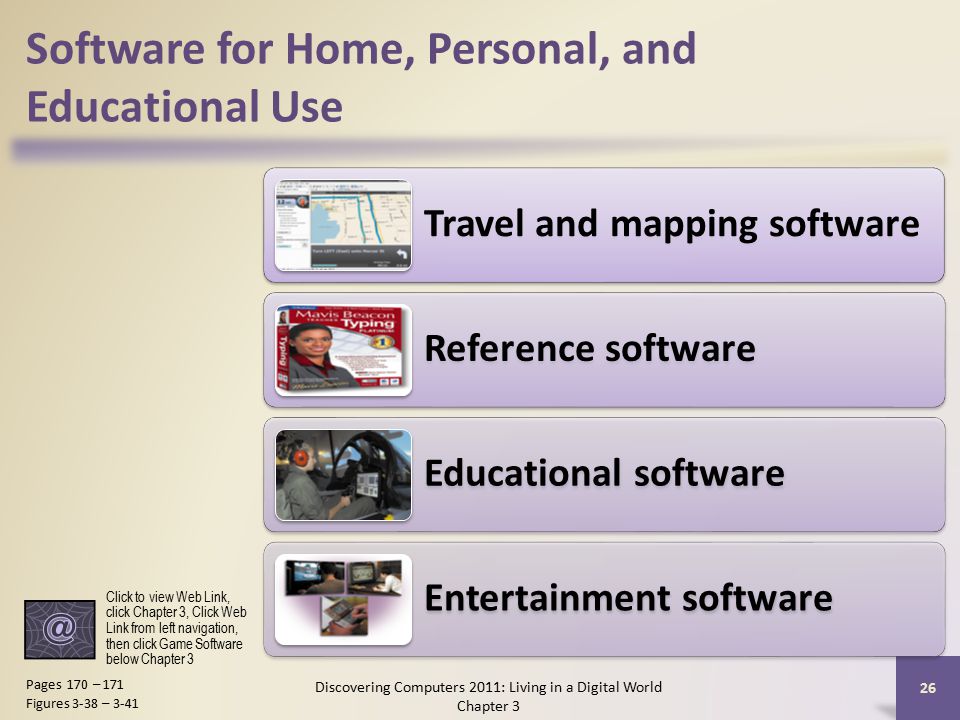 Software for Home, Personal, and Educational Use Travel and mapping software Reference software Educational software Entertainment software Discovering Computers 2011: Living in a Digital World Chapter 3 26 Pages 170 – 171 Figures 3-38 – 3-41 Click to view Web Link, click Chapter 3, Click Web Link from left navigation, then click Game Software below Chapter 3