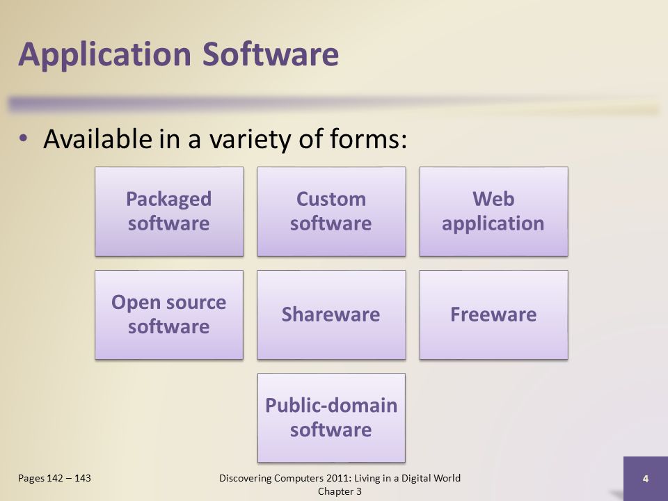 Application Software Available in a variety of forms: Discovering Computers 2011: Living in a Digital World Chapter 3 4 Pages 142 – 143 Packaged software Custom software Web application Open source software SharewareFreeware Public-domain software