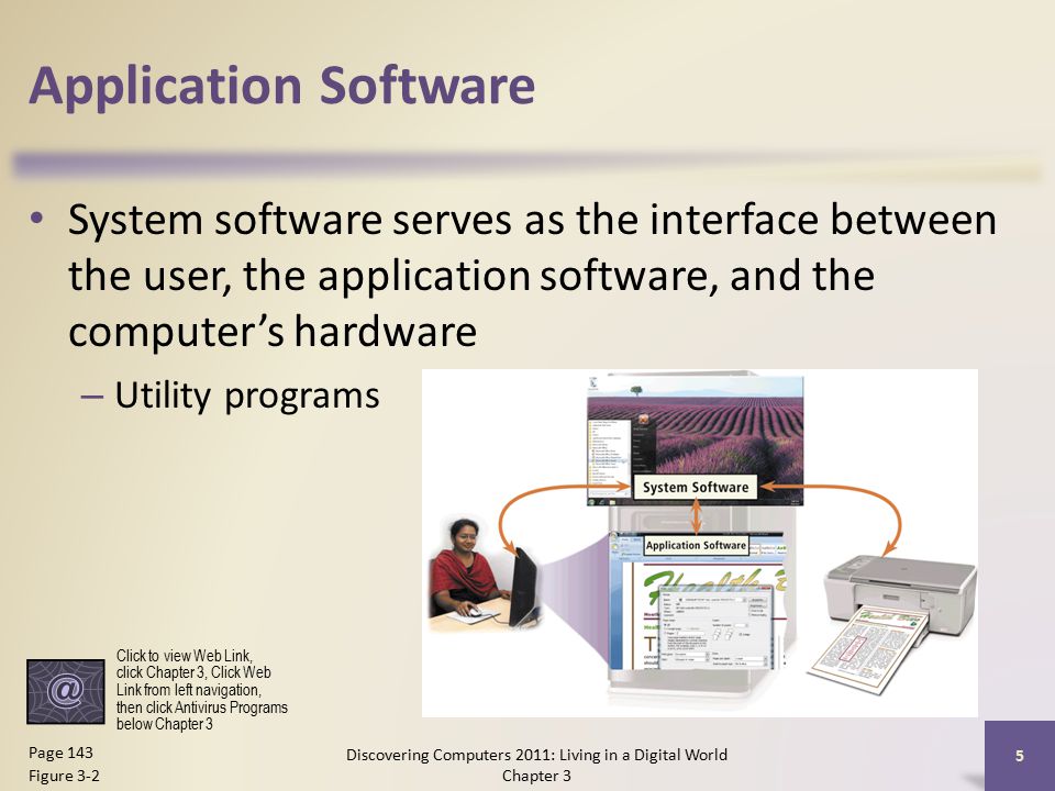 Application Software System software serves as the interface between the user, the application software, and the computer’s hardware – Utility programs Discovering Computers 2011: Living in a Digital World Chapter 3 5 Page 143 Figure 3-2 Click to view Web Link, click Chapter 3, Click Web Link from left navigation, then click Antivirus Programs below Chapter 3