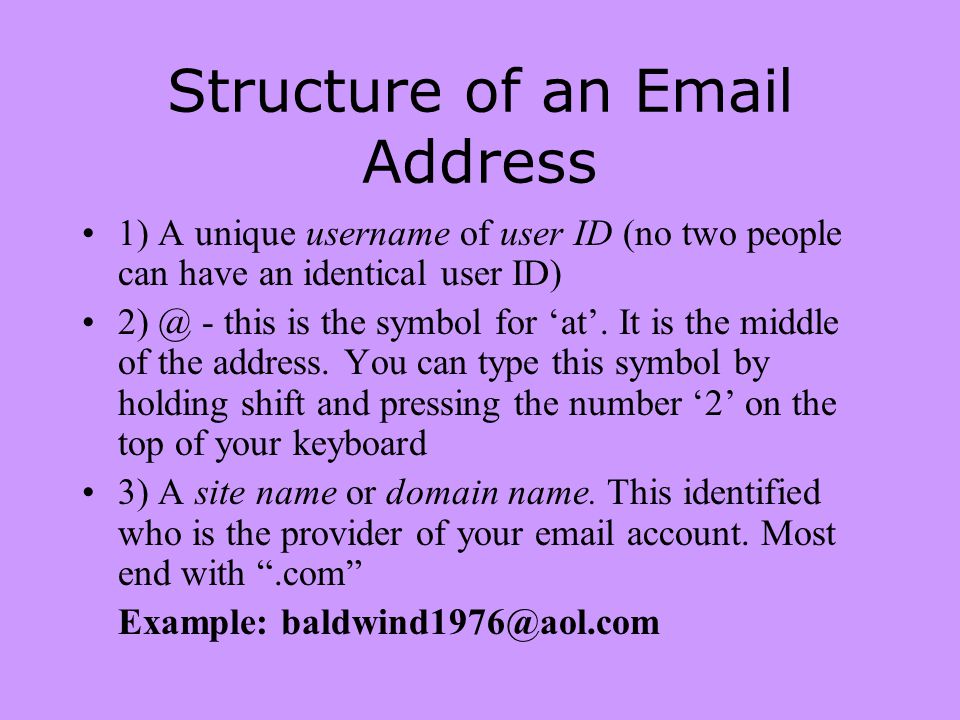 Structure of an  Address 1) A unique username of user ID (no two people can have an identical user ID) - this is the symbol for ‘at’.