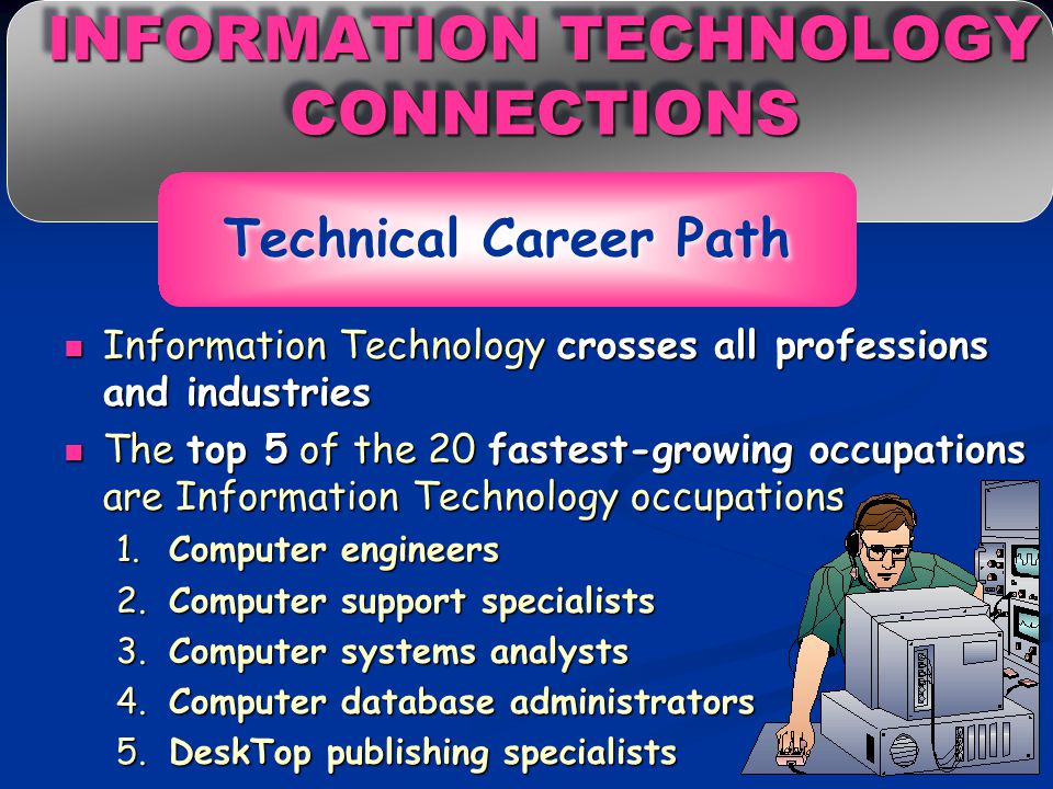 9 INFORMATION TECHNOLOGY JOBS Technical Career Path America’s fastest growing industry —IT Occupations include computers, software, tele- communications products and services, Internet and online services, systems integration and professional services companies More than one million IT jobs are created every year.