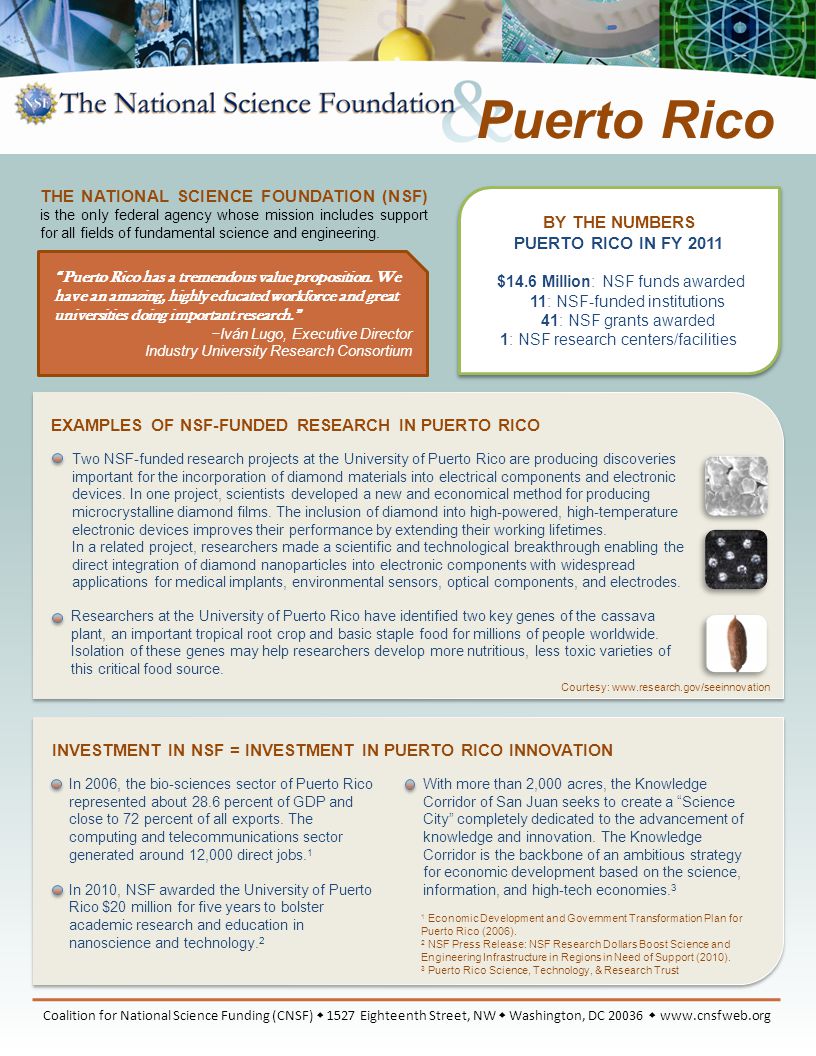 BY THE NUMBERS PUERTO RICO IN FY 2011 $14.6 Million: NSF funds awarded 11: NSF-funded institutions 41: NSF grants awarded 1: NSF research centers/facilities EXAMPLES OF NSF-FUNDED RESEARCH IN PUERTO RICO Two NSF-funded research projects at the University of Puerto Rico are producing discoveries important for the incorporation of diamond materials into electrical components and electronic devices.
