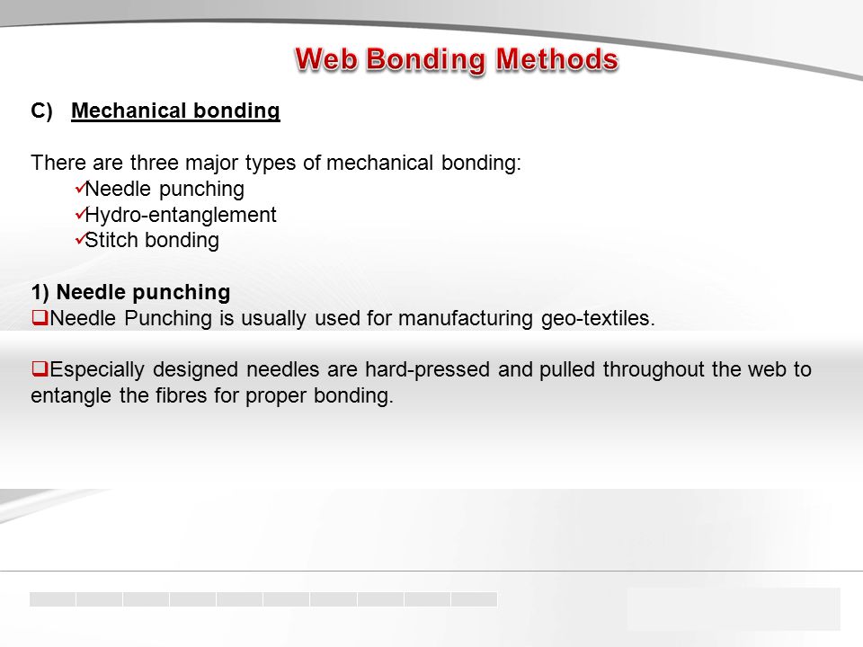 C) Mechanical bonding There are three major types of mechanical bonding: Needle punching Hydro-entanglement Stitch bonding 1) Needle punching  Needle Punching is usually used for manufacturing geo-textiles.
