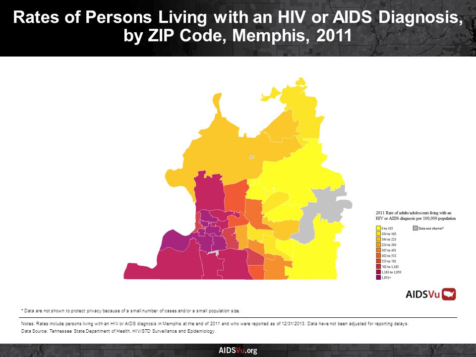 Rates of Persons Living with an HIV or AIDS Diagnosis, by ZIP Code, Memphis, 2011 Notes: Rates include persons living with an HIV or AIDS diagnosis in Memphis at the end of 2011 and who were reported as of 12/31/2013.