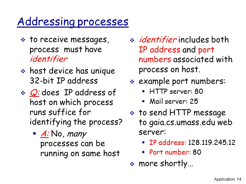Addressing processes  to receive messages, process must have identifier  host device has unique 32-bit IP address  Q: does IP address of host on which process runs suffice for identifying the process.